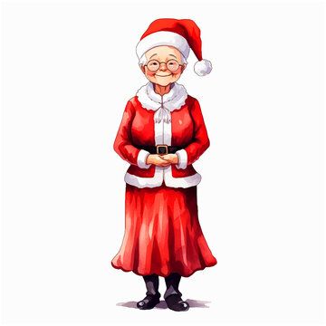 An old woman dressed as santa claus watercolor paint 
