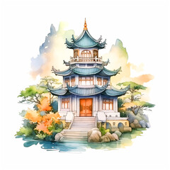 Chinese temple watercolor paint ilustration