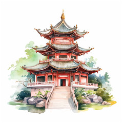 Chinese temple watercolor paint ilustration