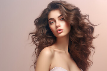 Gorgeous Model with Wavy Hair: A Captivating Portrait of a Beautiful Woman, Isolated on a Soft Pastel Beige Background, Emphasizing Skin and Hair Care..