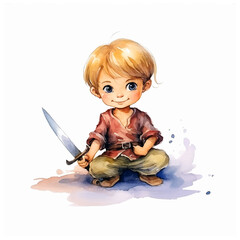  Cute little pirate boy watercolor paint