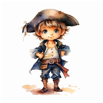 Cute little pirate boy watercolor paint