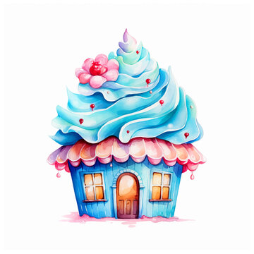  Cupcake house watercolor paint ilustration