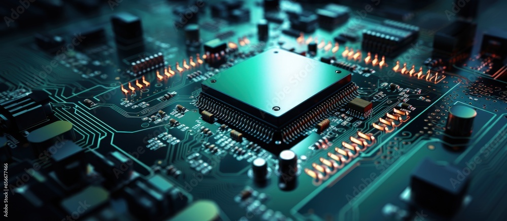 Poster dark environment electronics manufacturing process with generic printed circuit board and microchips