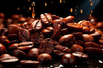 coffee beans in glass with splash on black background
