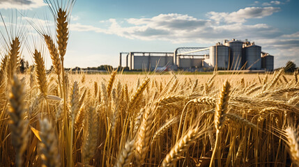 champ de blé au premier plan et silos de stockage en arrière-plan