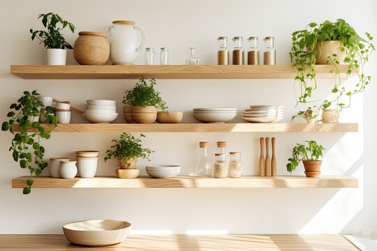 A modern kitchen with white walls and wooden shelves, beautifully decorated with antique pottery and green plants creates a clean and stylish interior design.
