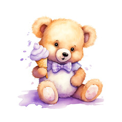 Cute teddy bear eating ice cream watercolor paint