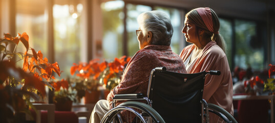 Elderly patients in a wheelchair in a hospital. - obrazy, fototapety, plakaty