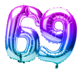 purple gradient number 69 mylar helium balloon on transparent png background
