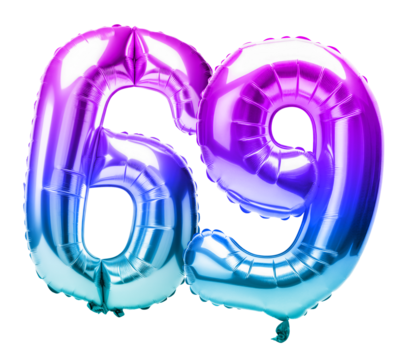 purple gradient number 69 mylar helium balloon on transparent png background