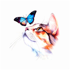 Cat looking at butterfly watercolor paint 