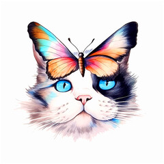Cat looking at butterfly watercolor paint 