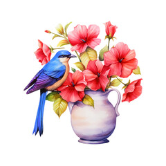  Bird standing in a vase of flowers watercolor paint