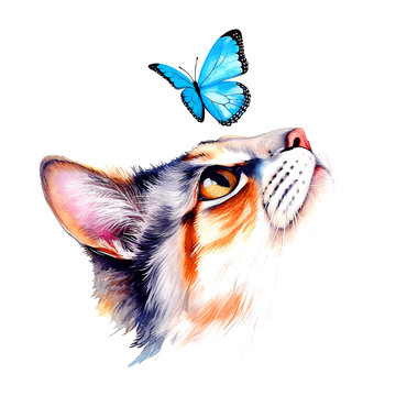 Cat looking at butterfly watercolor paint