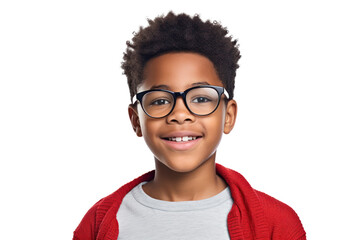Adorable Smiling African American Boy with Eyeglasses: Isolated on a Crisp White Background.