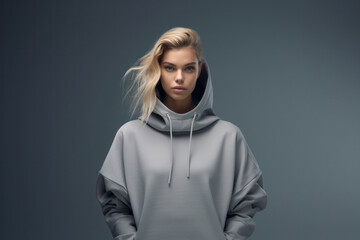 Fototapeta premium Chic in Gray: A Blonde Woman Stylishly Clad in a Large Oversized Gray Plain Sweatshirt, Set Against a Coordinating Gray Background.