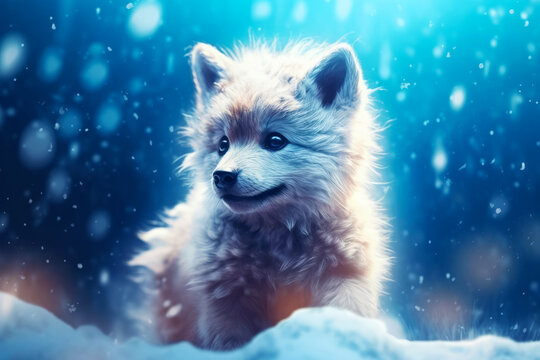 Cartoon cute little white wolf cub with kind eyes in winter on the snow