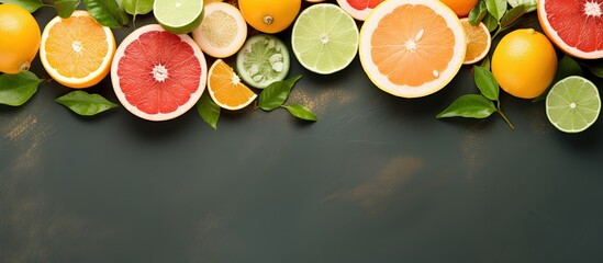 Top view of citrus fruit on green table with sliced and whole orange grapefruit lime and other fruits with leaves - obrazy, fototapety, plakaty