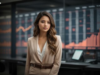 Fototapeta premium Portrait of businesswoman with glasses on background of electronic stock market analytics closeup