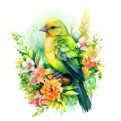 Beautiful bird with flowers watercolor paint