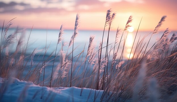 Grasses In Snowy Dunes In The Front Of The Serene And Tranquil Winter Scene. Sea And Sunset, Sunrise In The Background. Golden Soft Light For Romantic, Loving Emotions. 