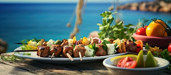 Summer Greek food concept with fresh salad and souvlaki skewers near sparkling blue Aegean sea with copyspace for text