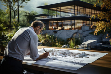 An architect sketching blueprints for an innovative eco-friendly building. Concept of architectural creativity. Generative Ai.