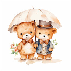 Teddy bears couple under umbrella watercolor paint