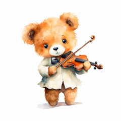 Teddy bear playing violin watercolor painting