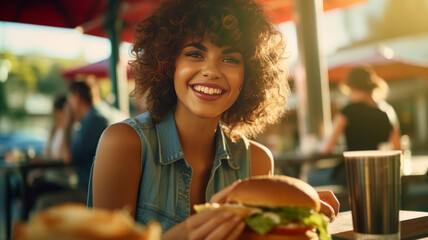 A happy girl eating a burger in an outdoor restaurant as a Breakfast meal craving deal.