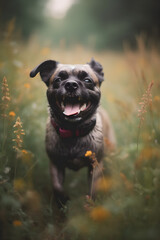 Happy dog in the meadow with yellow flowers, National Dog Day, sunny spring