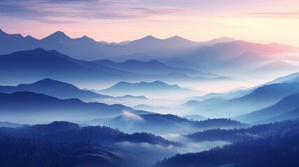 a mountain range at dawn, emphasizing the soft pastel colors and misty valleys in the early morning light
