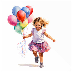 Fototapeta na wymiar A painting of a little girl holding a bunch of balloons
