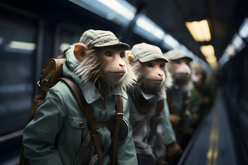 Obraz premium Group of happy baboon in gen z clothes traveling with train.