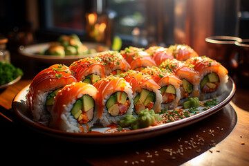 rolls with salmon, cream cheese, salmon and avocado