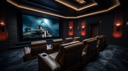 a picture-perfect home theater with plush, reclining seats and state-of-the-art audiovisual equipment, promising an immersive cinematic experience - obrazy, fototapety, plakaty