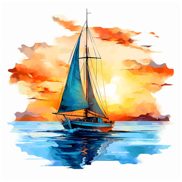 A sailboat in the ocean watercolor paint 