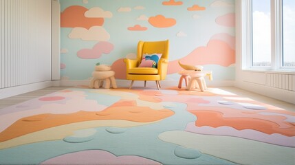 a playful and colorful nursery carpet, with whimsical patterns and soft pastel hues that create a cheerful atmosphere