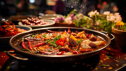 Sichuan Hot Pot Dining Experience: A Taste of China's Spicy Tradition. Generative AI. - obrazy, fototapety, plakaty