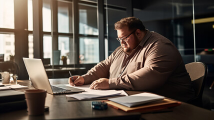 Fototapeta premium big size business man, fat man note and check on financial paper at working table.