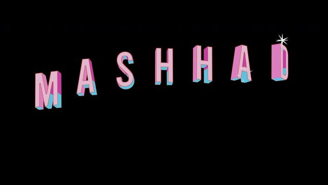 Bright letters jump merrily in the inscription MASHHAD city. Retro. Alpha channel black. Looped from frame 120 to 240, Alpha BW at the end