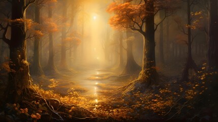 Mysterious autumn forest with fog and sunbeams. Magical atmosphere. Panoramic image
