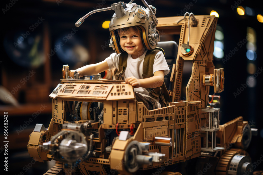 Poster a child constructing a spaceship from cardboard boxes, fueled by imagination. concept of imaginative