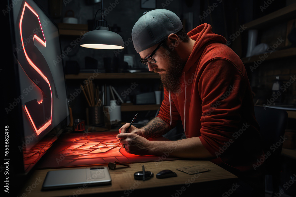 Poster a graphic designer creating a visually striking logo for a startup company. concept of branding crea