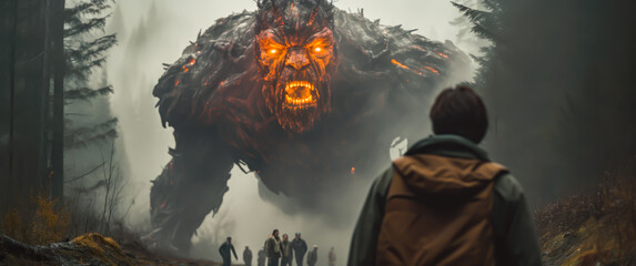 a huge beast has awakened in the mountains, it is made of stone and fire, cinematic scene style - obrazy, fototapety, plakaty