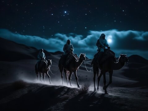 Epiphany. Three kings with camels walking through the desert.