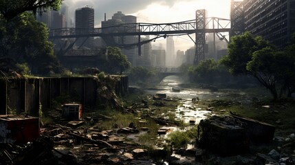 a post-apocalyptic urban wasteland, where nature slowly reclaims the concrete jungle - obrazy, fototapety, plakaty