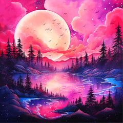  Pink sunset nature watercolor paint