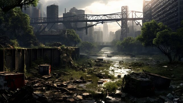 a post-apocalyptic urban wasteland, where nature slowly reclaims the concrete jungle